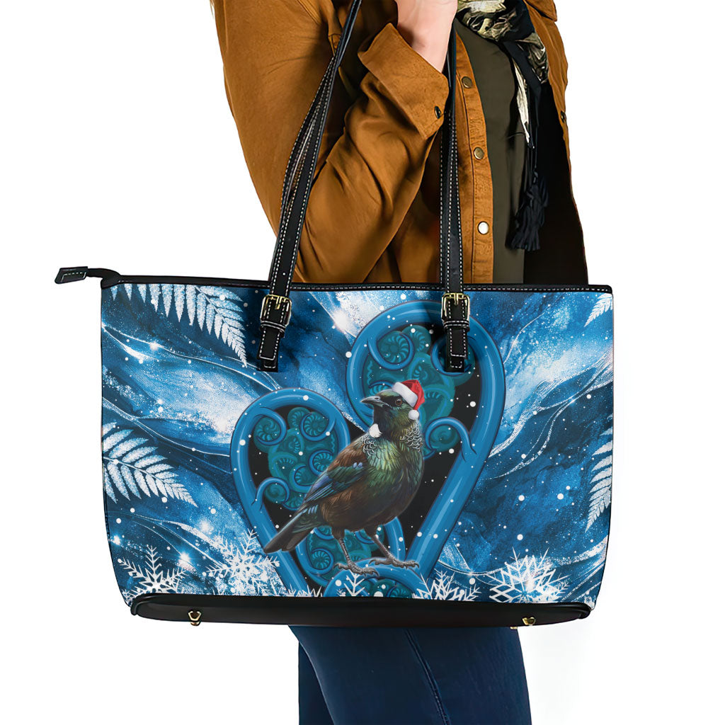Tui Bird New Zealand Christmas In July Leather Tote Bag NZ Aroha Koru Fern Marble Vibes
