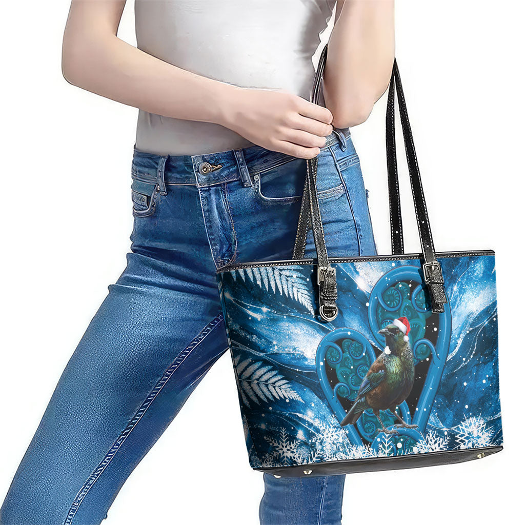 Tui Bird New Zealand Christmas In July Leather Tote Bag NZ Aroha Koru Fern Marble Vibes
