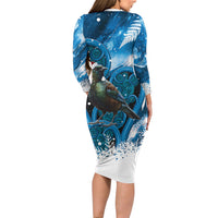 Tui Bird New Zealand Christmas In July Long Sleeve Bodycon Dress NZ Aroha Koru Fern Marble Vibes