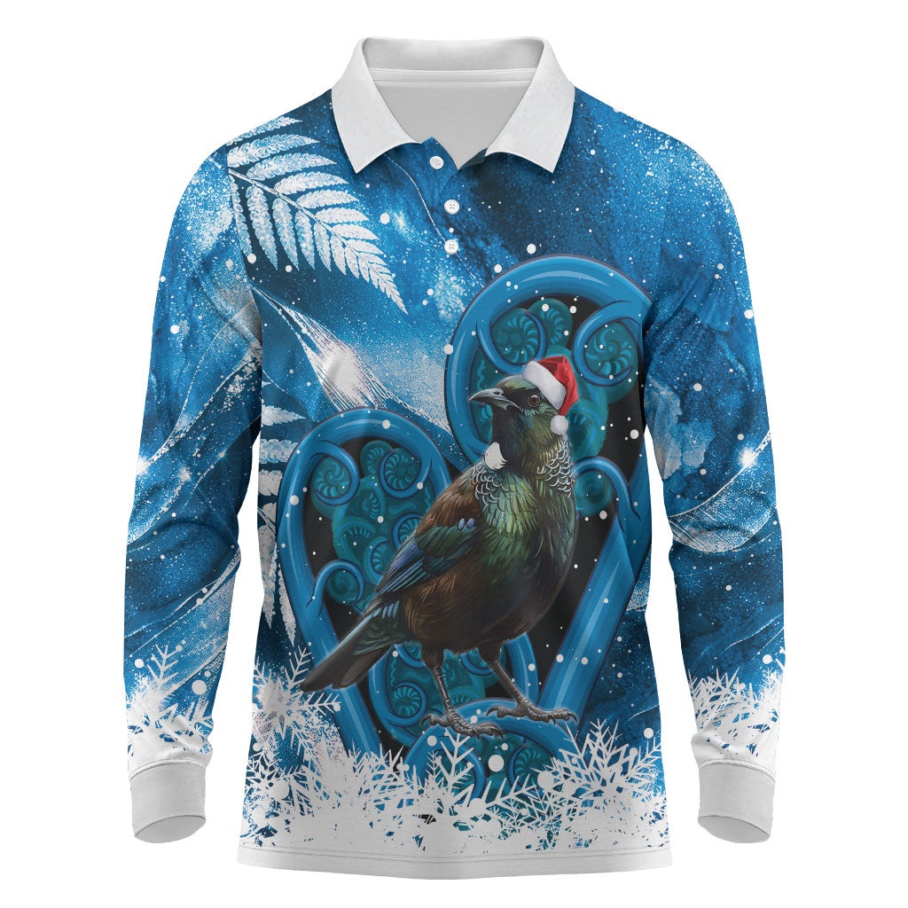 Tui Bird New Zealand Christmas In July Long Sleeve Polo Shirt NZ Aroha Koru Fern Marble Vibes LT14 Blue - Polynesian Pride