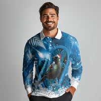 Tui Bird New Zealand Christmas In July Long Sleeve Polo Shirt NZ Aroha Koru Fern Marble Vibes
