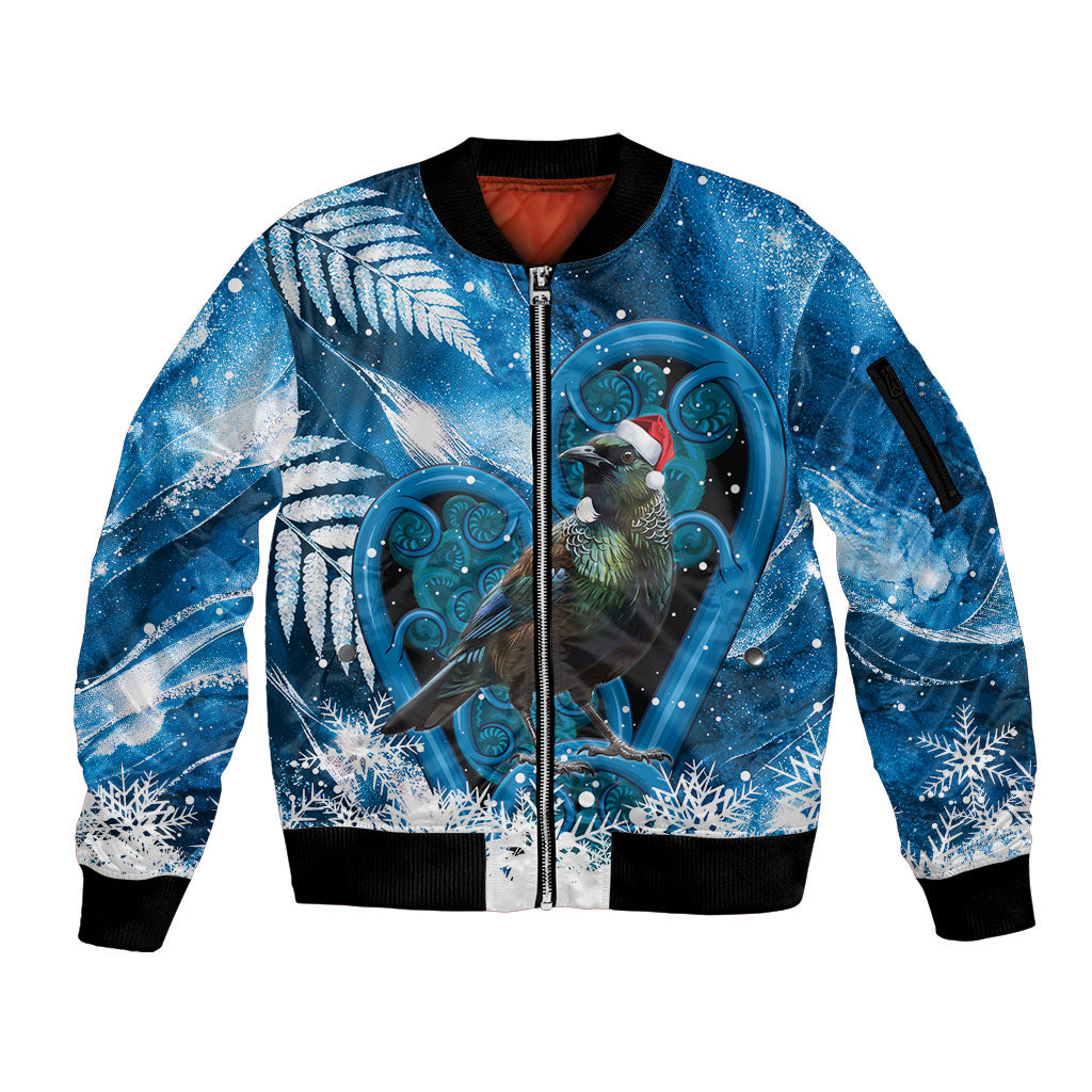 Tui Bird New Zealand Christmas In July Sleeve Zip Bomber Jacket NZ Aroha Koru Fern Marble Vibes