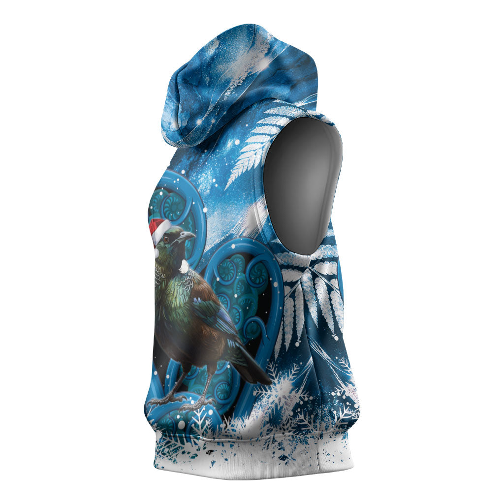 Tui Bird New Zealand Christmas In July Sleeveless Hoodie NZ Aroha Koru Fern Marble Vibes