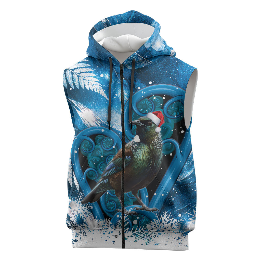 Tui Bird New Zealand Christmas In July Sleeveless Zip Hoodie NZ Aroha Koru Fern Marble Vibes LT14 Blue - Polynesian Pride