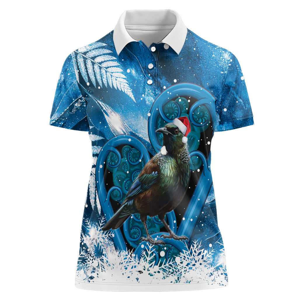 Tui Bird New Zealand Christmas In July Women Polo Shirt NZ Aroha Koru Fern Marble Vibes LT14 Female Blue - Polynesian Pride