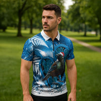 Tui Bird New Zealand Christmas In July Zipper Polo Shirt NZ Aroha Koru Fern Marble Vibes