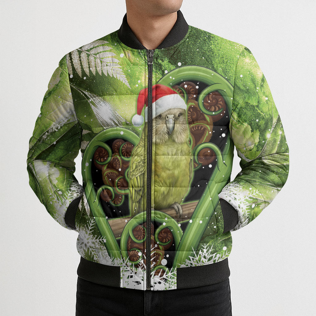 Kakapo New Zealand Christmas In July Bomber Puffer Jacket NZ Aroha Koru Fern Marble Vibes