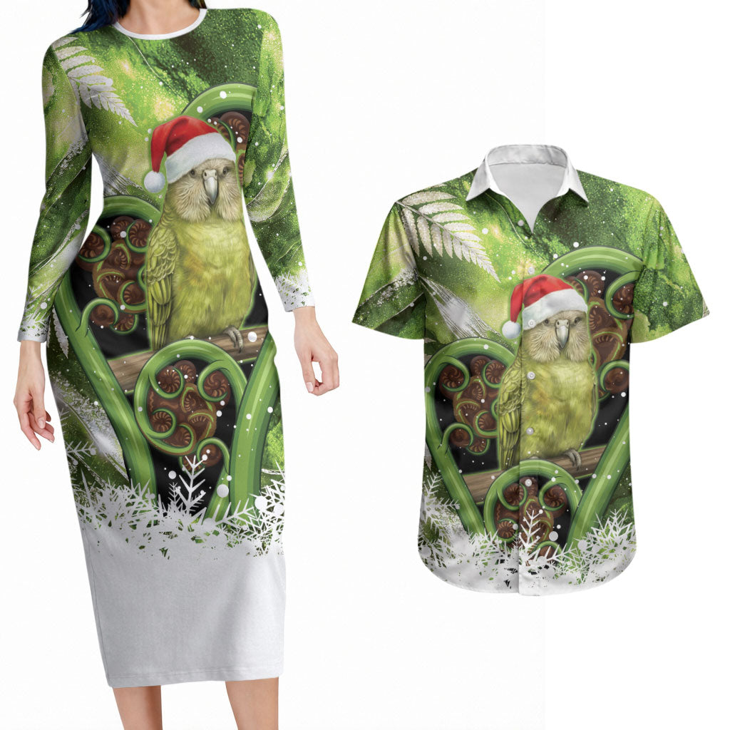 Kakapo New Zealand Christmas In July Couples Matching Long Sleeve Bodycon Dress and Hawaiian Shirt NZ Aroha Koru Fern Marble Vibes LT14 Green - Polynesian Pride