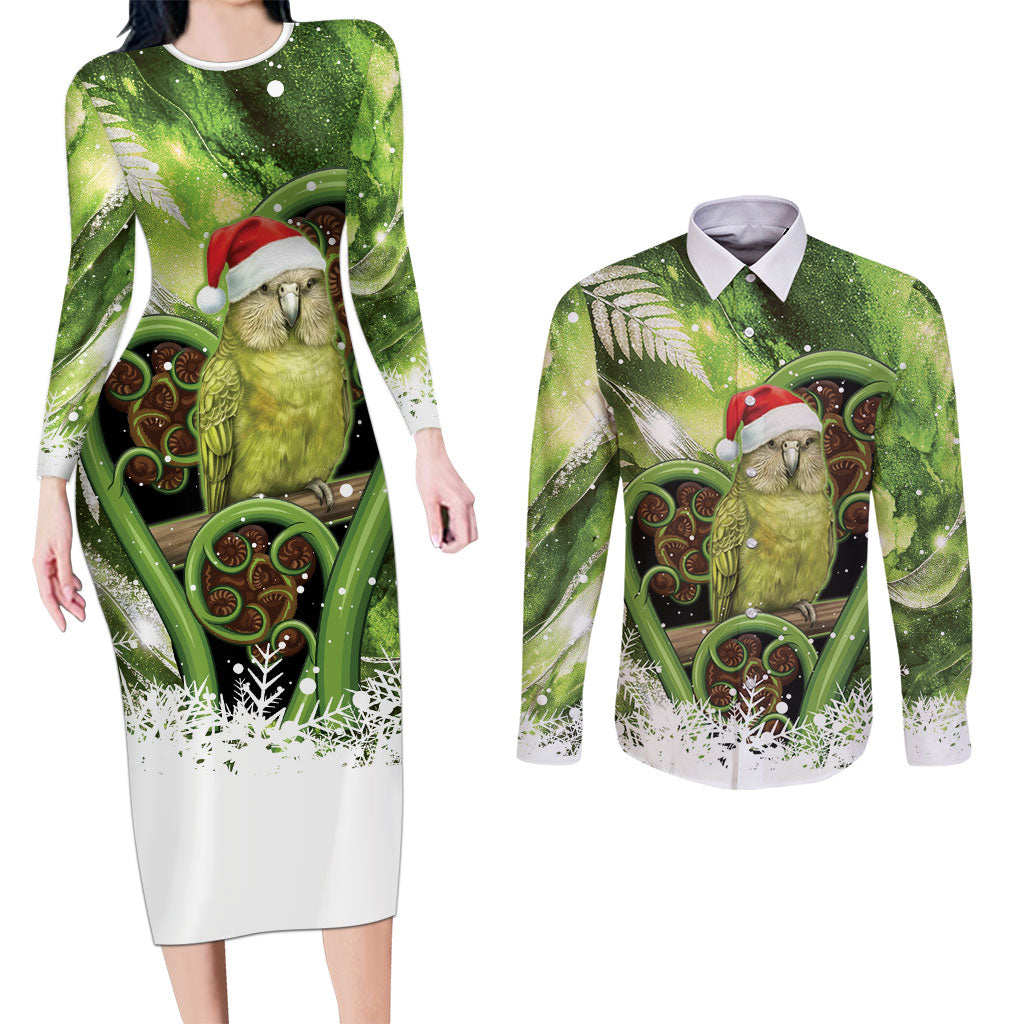 Kakapo New Zealand Christmas In July Couples Matching Long Sleeve Bodycon Dress and Long Sleeve Button Shirt NZ Aroha Koru Fern Marble Vibes