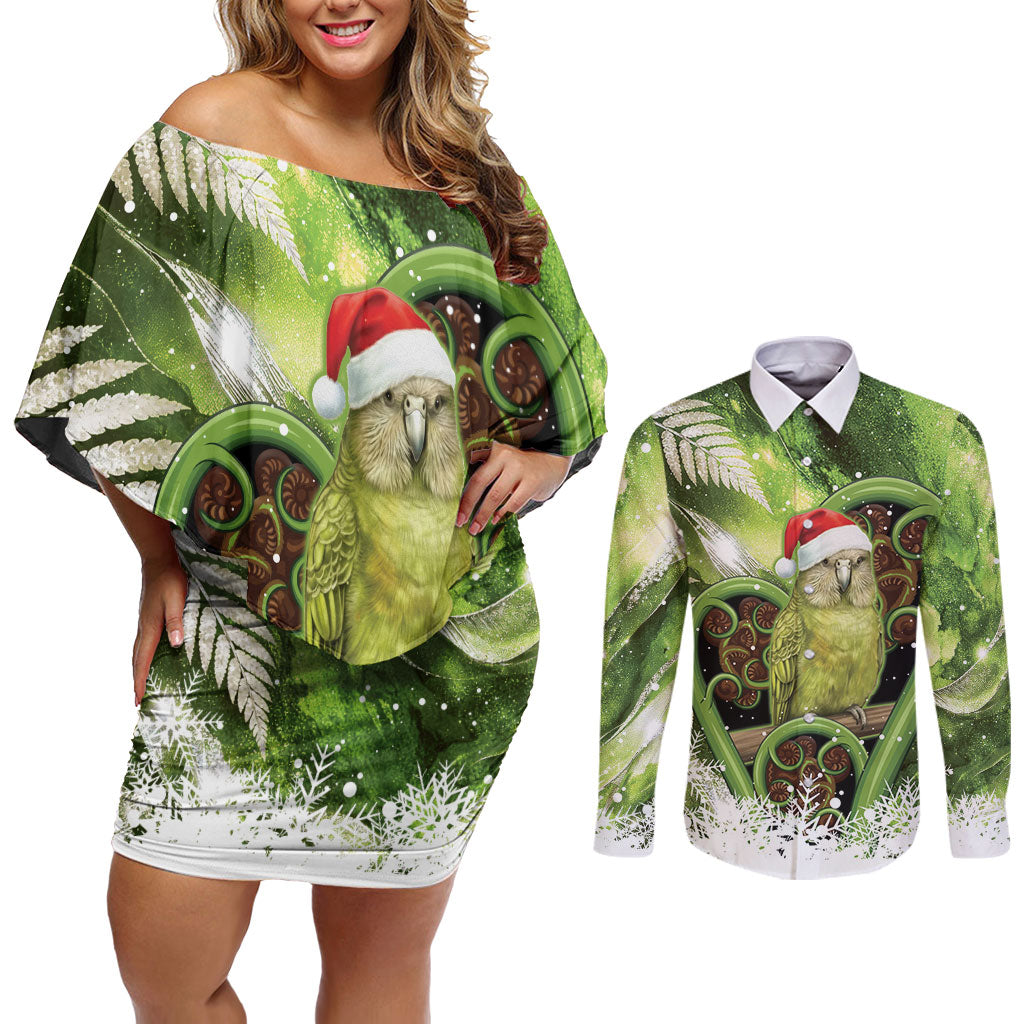 Kakapo New Zealand Christmas In July Couples Matching Off Shoulder Short Dress and Long Sleeve Button Shirt NZ Aroha Koru Fern Marble Vibes