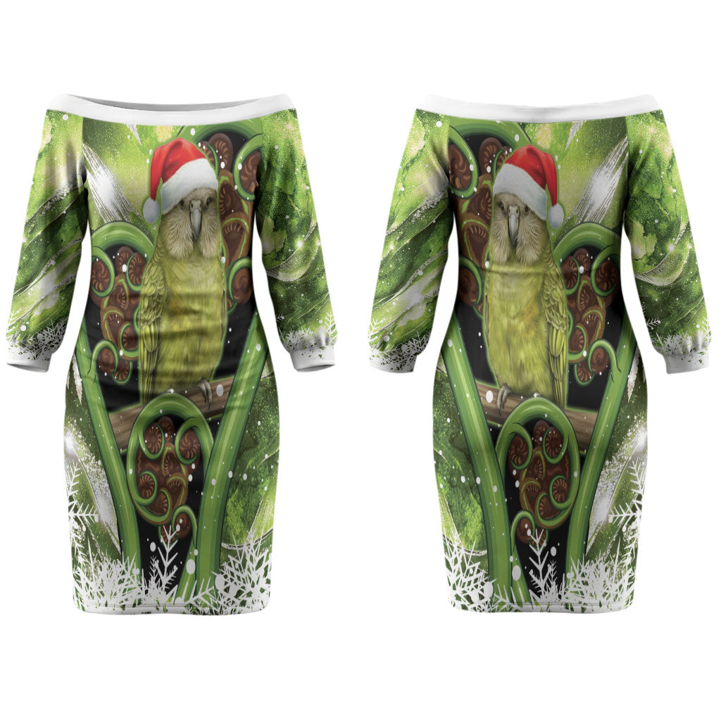 Kakapo New Zealand Christmas In July Couples Matching Off The Shoulder Long Sleeve Dress and Hawaiian Shirt NZ Aroha Koru Fern Marble Vibes LT14 - Polynesian Pride
