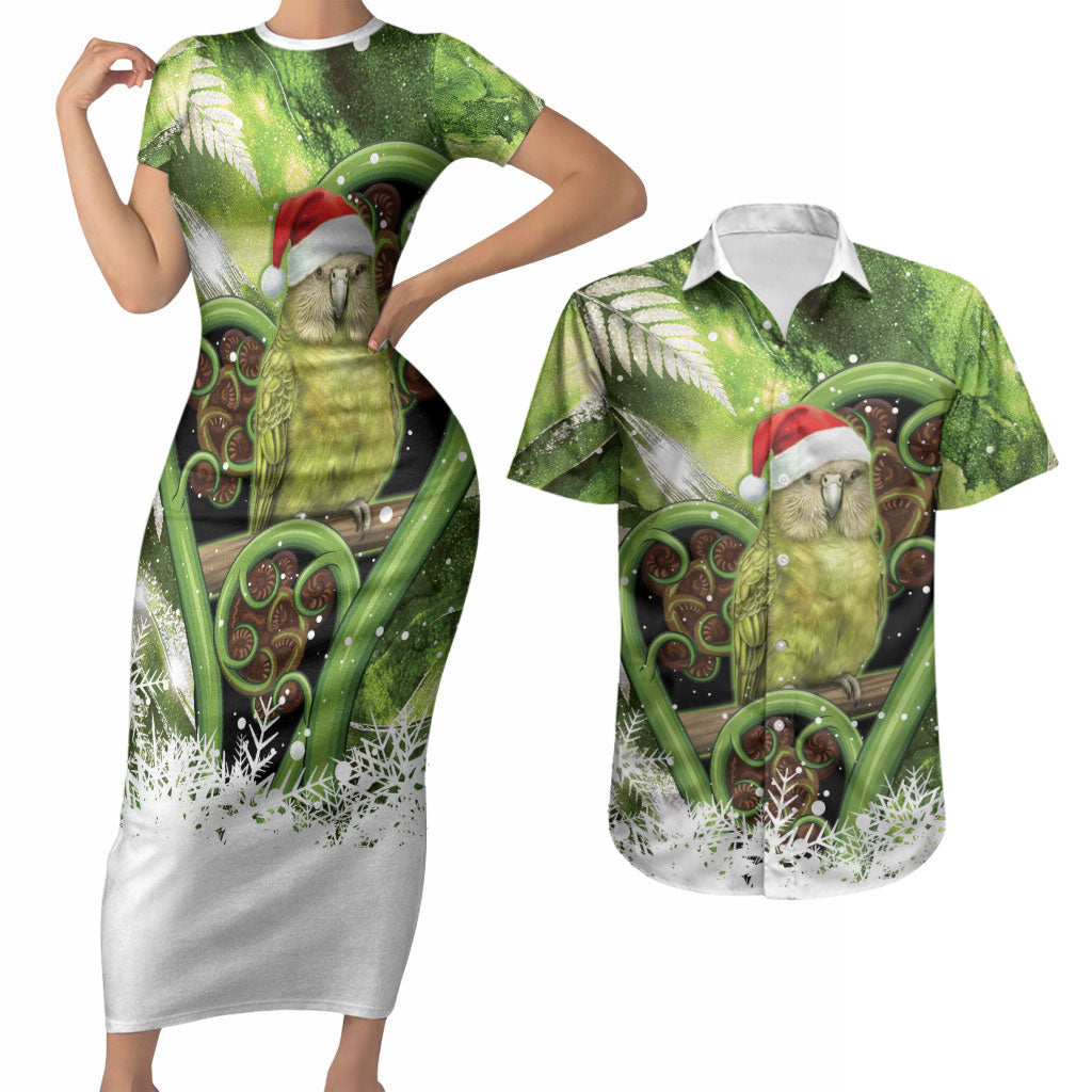 Kakapo New Zealand Christmas In July Couples Matching Short Sleeve Bodycon Dress and Hawaiian Shirt NZ Aroha Koru Fern Marble Vibes LT14 Green - Polynesian Pride