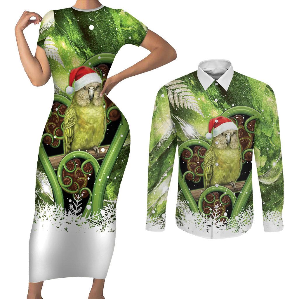 Kakapo New Zealand Christmas In July Couples Matching Short Sleeve Bodycon Dress and Long Sleeve Button Shirt NZ Aroha Koru Fern Marble Vibes