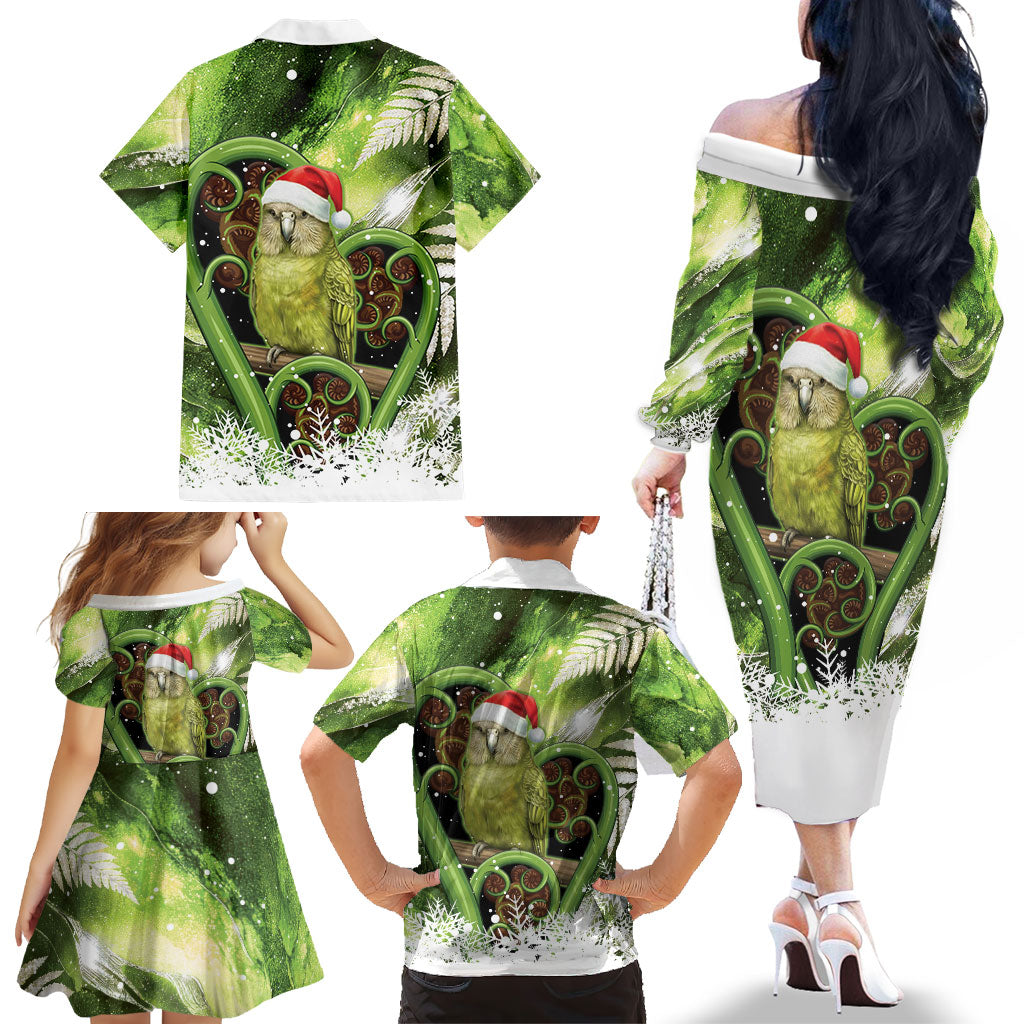 Kakapo New Zealand Christmas In July Family Matching Off The Shoulder Long Sleeve Dress and Hawaiian Shirt NZ Aroha Koru Fern Marble Vibes