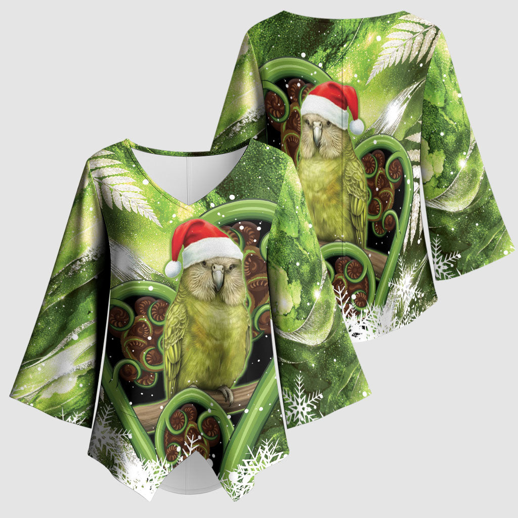Kakapo New Zealand Christmas In July Kimono Sleeve Blouse NZ Aroha Koru Fern Marble Vibes