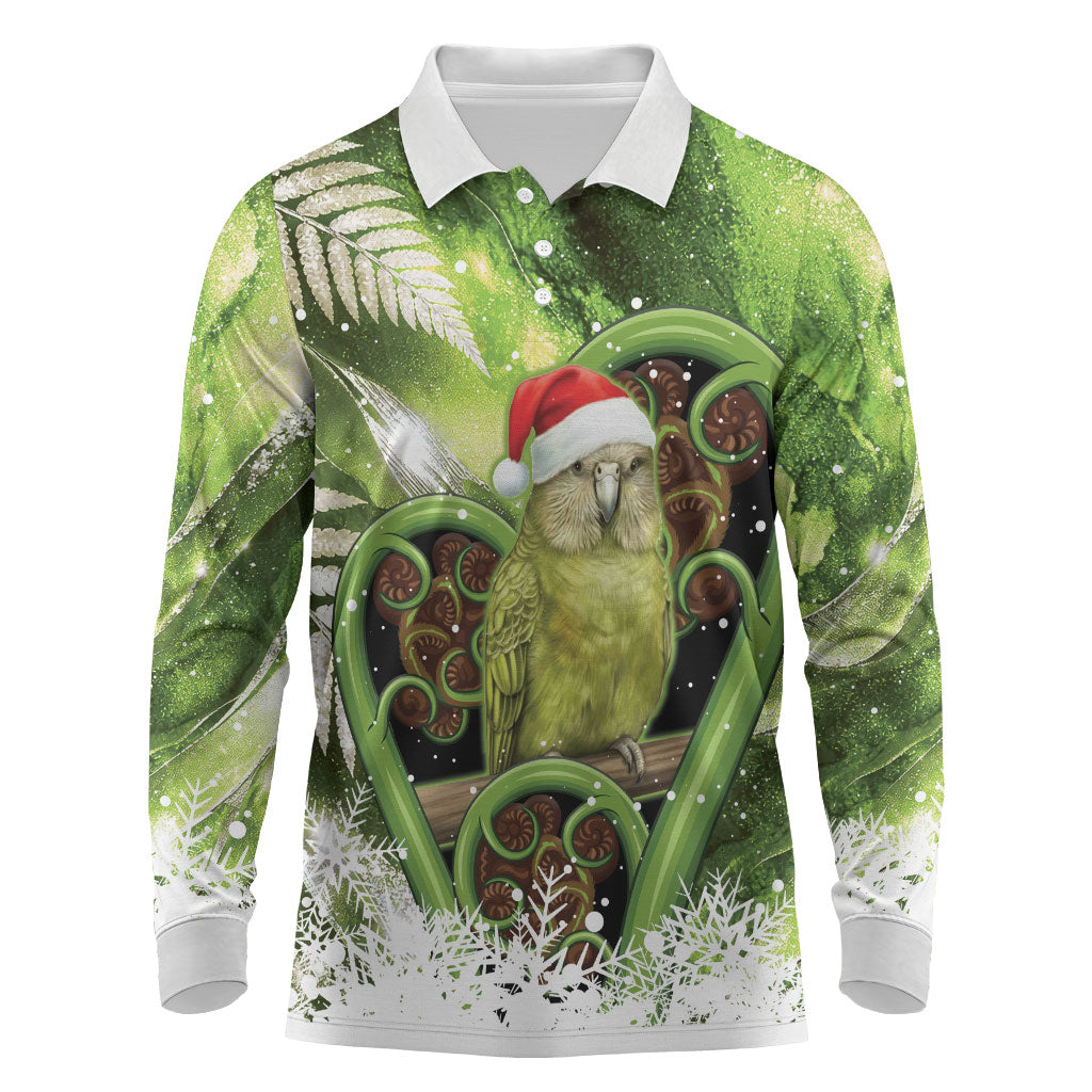 Kakapo New Zealand Christmas In July Long Sleeve Polo Shirt NZ Aroha Koru Fern Marble Vibes LT14 Green - Polynesian Pride