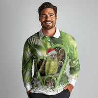Kakapo New Zealand Christmas In July Long Sleeve Polo Shirt NZ Aroha Koru Fern Marble Vibes