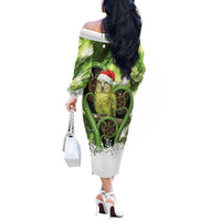 Kakapo New Zealand Christmas In July Off The Shoulder Long Sleeve Dress NZ Aroha Koru Fern Marble Vibes