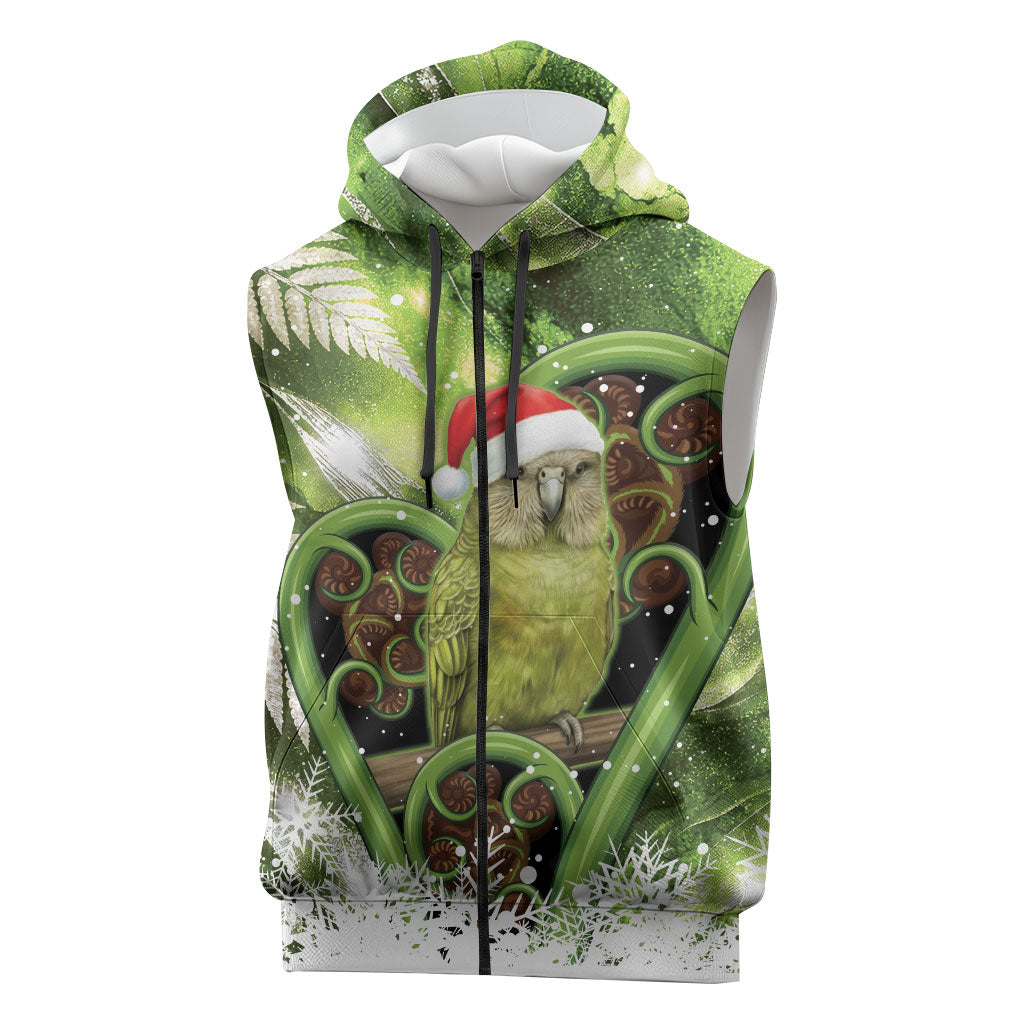 Kakapo New Zealand Christmas In July Sleeveless Zip Hoodie NZ Aroha Koru Fern Marble Vibes LT14 Green - Polynesian Pride