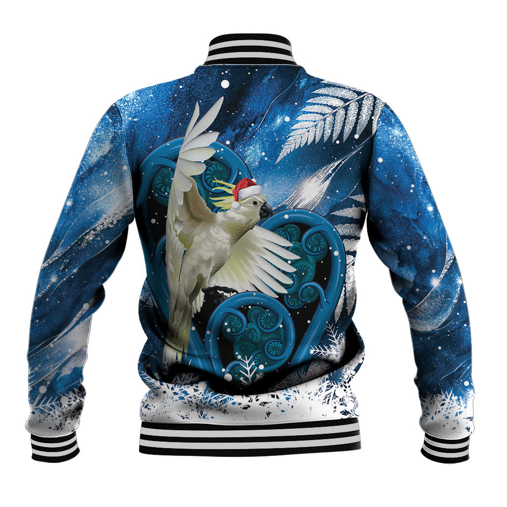 Sulphur-crested Cockatoo New Zealand Christmas In July Baseball Jacket NZ Aroha Koru Fern Marble Vibes