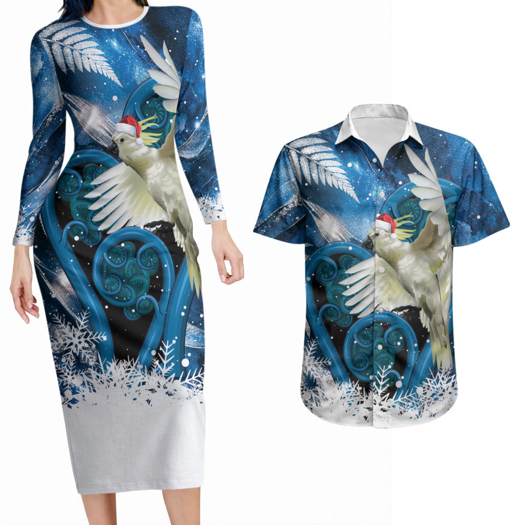 Sulphur-crested Cockatoo New Zealand Christmas In July Couples Matching Long Sleeve Bodycon Dress and Hawaiian Shirt NZ Aroha Koru Fern Marble Vibes LT14 Blue - Polynesian Pride