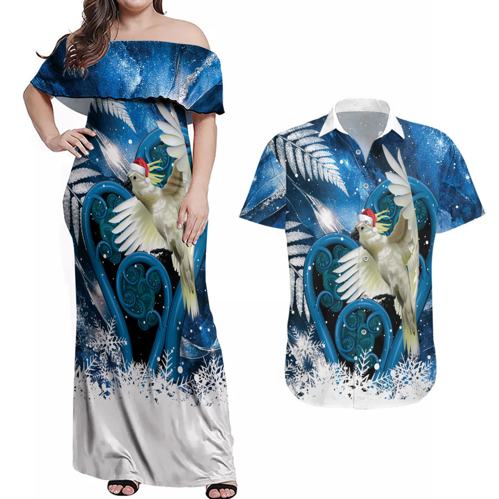 Sulphur-crested Cockatoo New Zealand Christmas In July Couples Matching Off Shoulder Maxi Dress and Hawaiian Shirt NZ Aroha Koru Fern Marble Vibes