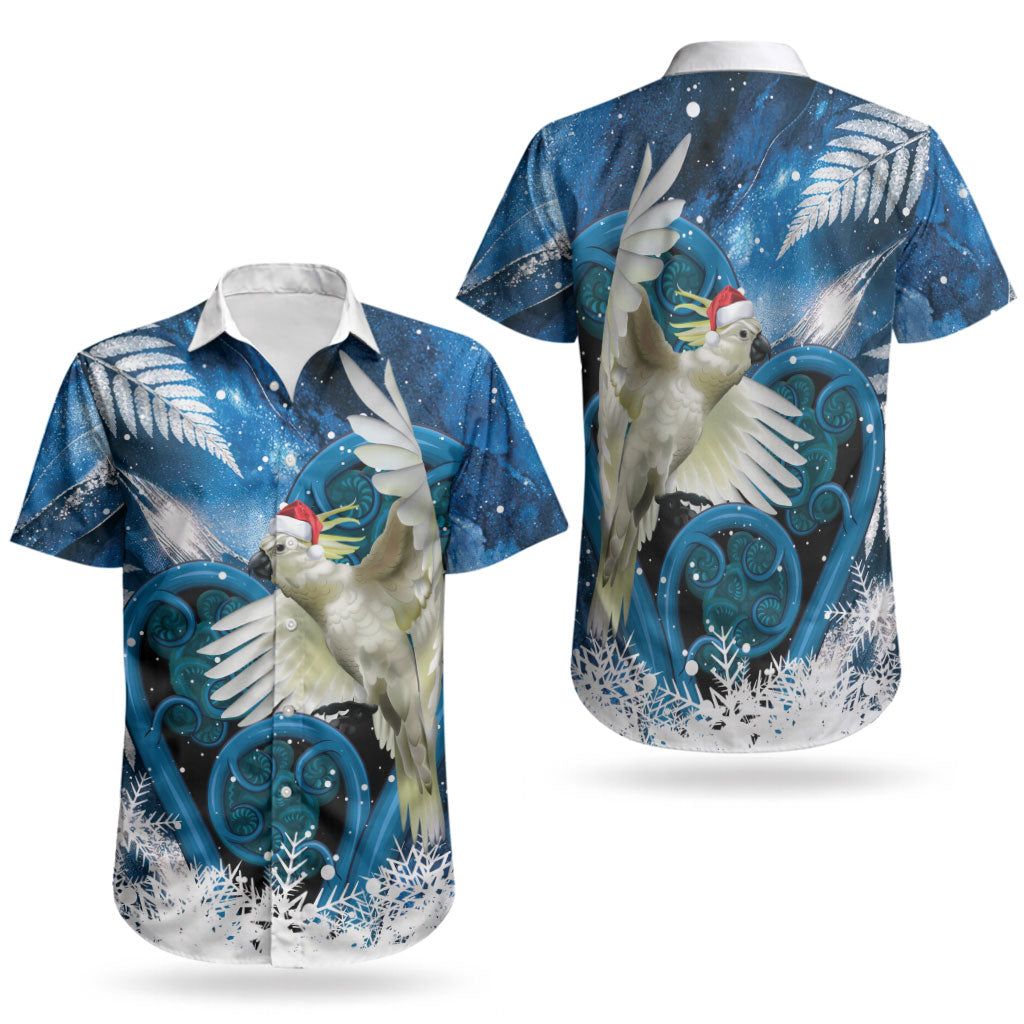 Sulphur-crested Cockatoo New Zealand Christmas In July Couples Matching Off Shoulder Short Dress and Hawaiian Shirt NZ Aroha Koru Fern Marble Vibes LT14 - Polynesian Pride