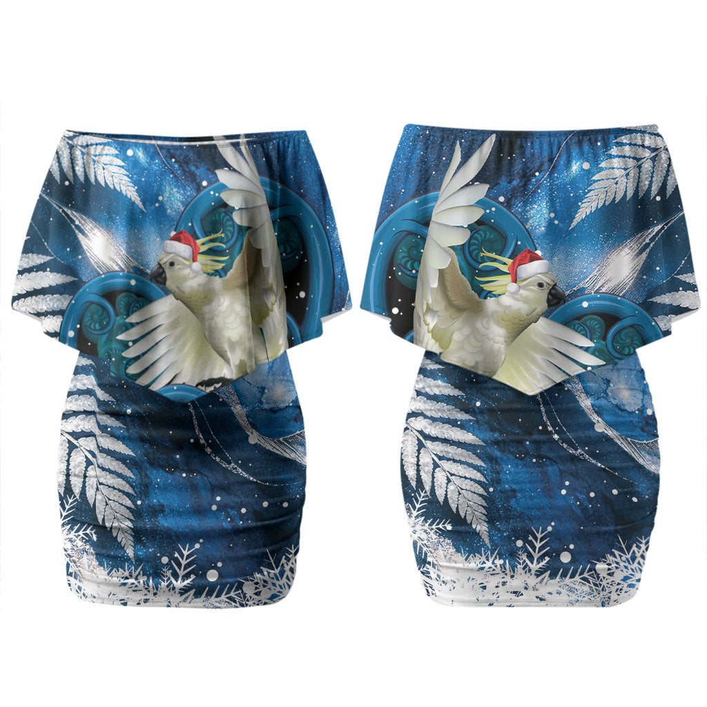 Sulphur-crested Cockatoo New Zealand Christmas In July Couples Matching Off Shoulder Short Dress and Long Sleeve Button Shirt NZ Aroha Koru Fern Marble Vibes LT14 - Polynesian Pride