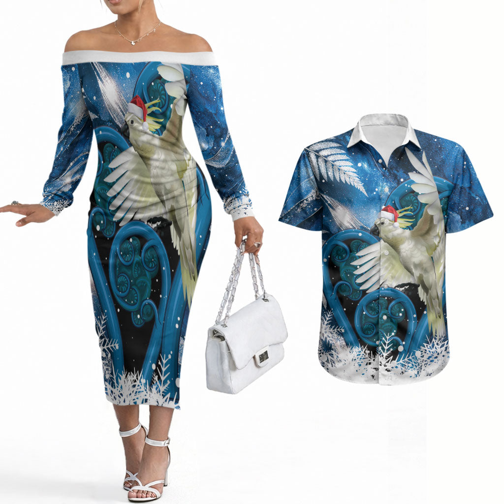 Sulphur-crested Cockatoo New Zealand Christmas In July Couples Matching Off The Shoulder Long Sleeve Dress and Hawaiian Shirt NZ Aroha Koru Fern Marble Vibes LT14 Blue - Polynesian Pride