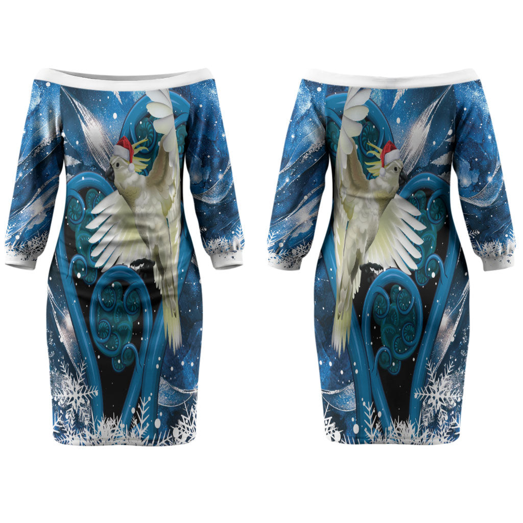 Sulphur-crested Cockatoo New Zealand Christmas In July Couples Matching Off The Shoulder Long Sleeve Dress and Hawaiian Shirt NZ Aroha Koru Fern Marble Vibes LT14 - Polynesian Pride