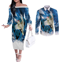 Sulphur-crested Cockatoo New Zealand Christmas In July Couples Matching Off The Shoulder Long Sleeve Dress and Long Sleeve Button Shirt NZ Aroha Koru Fern Marble Vibes