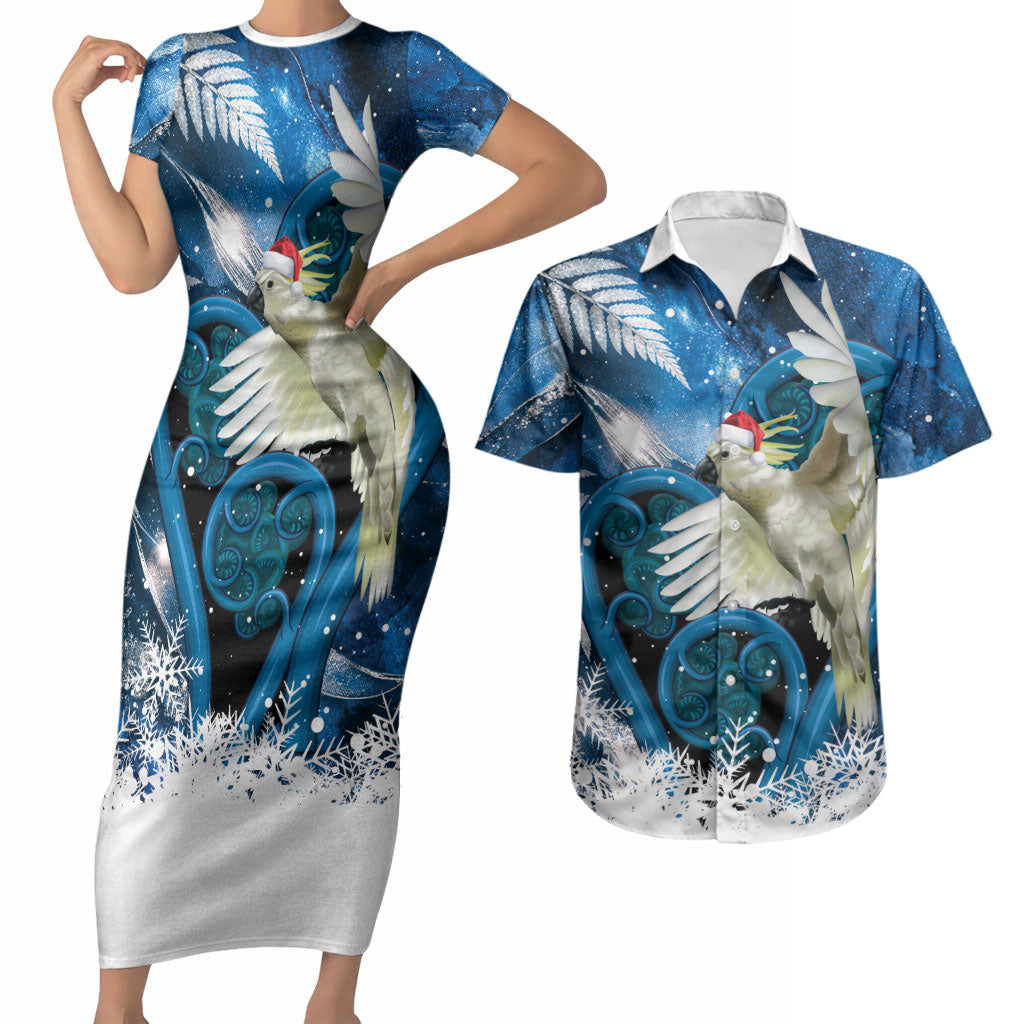 Sulphur-crested Cockatoo New Zealand Christmas In July Couples Matching Short Sleeve Bodycon Dress and Hawaiian Shirt NZ Aroha Koru Fern Marble Vibes LT14 Blue - Polynesian Pride