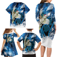 Sulphur-crested Cockatoo New Zealand Christmas In July Family Matching Long Sleeve Bodycon Dress and Hawaiian Shirt NZ Aroha Koru Fern Marble Vibes
