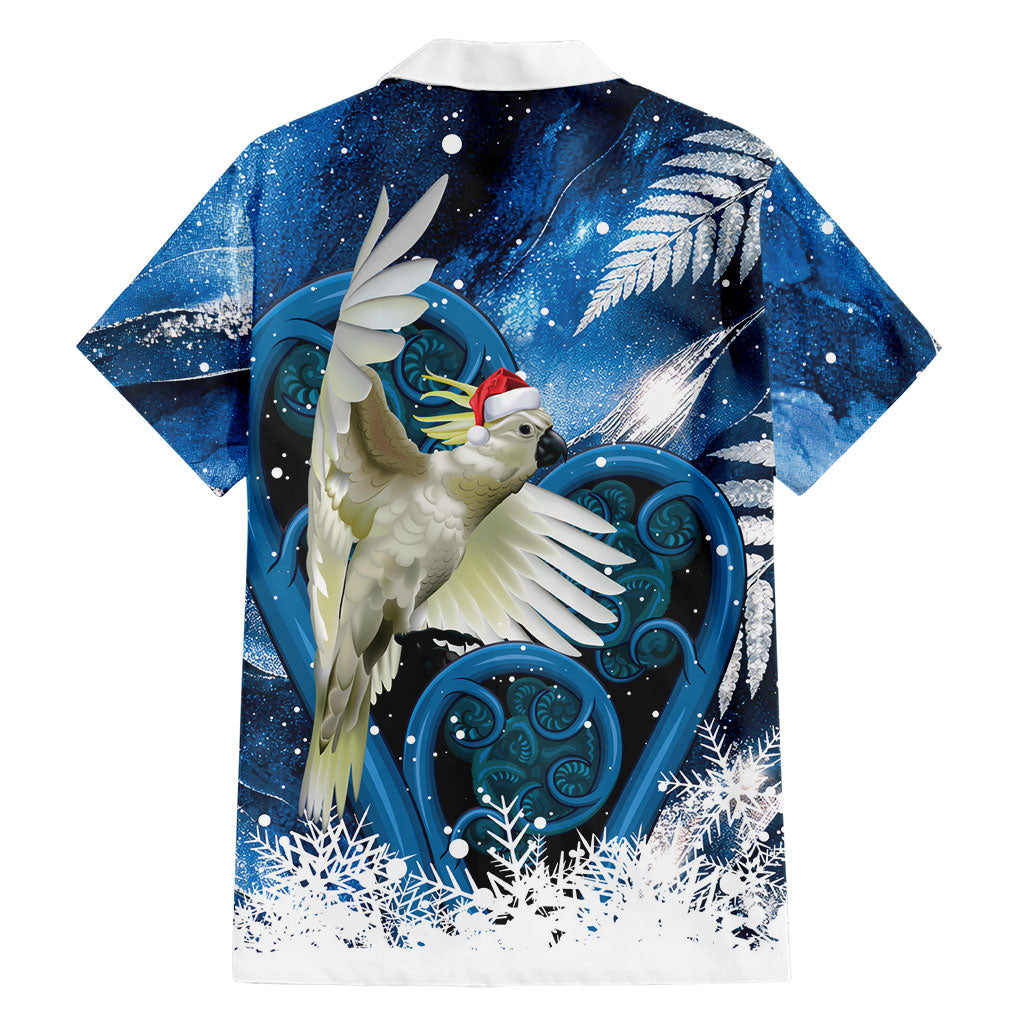 Sulphur-crested Cockatoo New Zealand Christmas In July Family Matching Off The Shoulder Long Sleeve Dress and Hawaiian Shirt NZ Aroha Koru Fern Marble Vibes