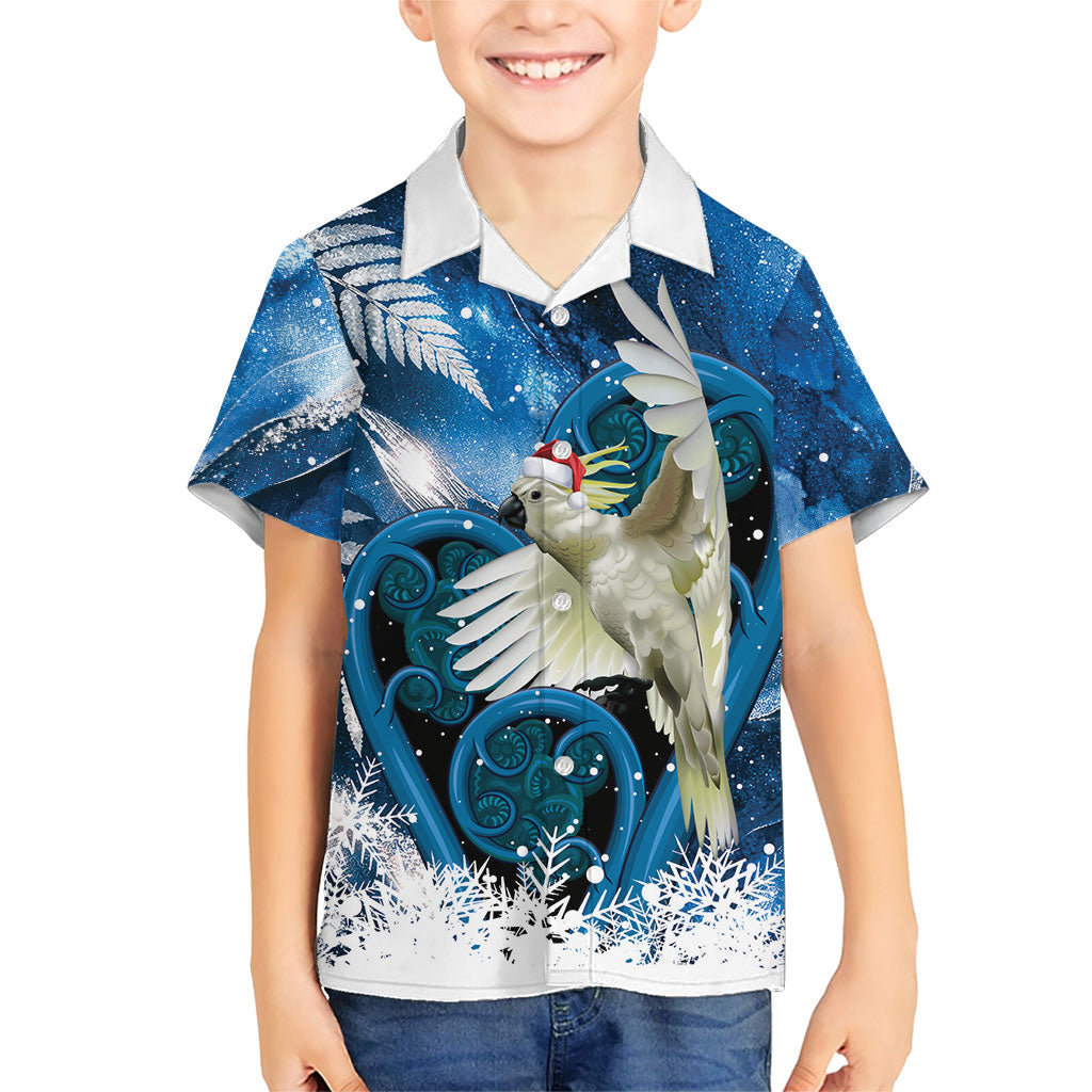 Sulphur-crested Cockatoo New Zealand Christmas In July Family Matching Off Shoulder Maxi Dress and Hawaiian Shirt NZ Aroha Koru Fern Marble Vibes