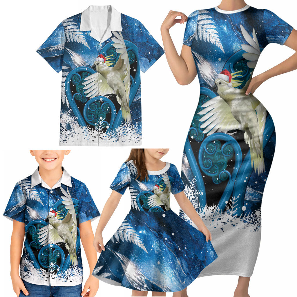 Sulphur-crested Cockatoo New Zealand Christmas In July Family Matching Short Sleeve Bodycon Dress and Hawaiian Shirt NZ Aroha Koru Fern Marble Vibes LT14 - Polynesian Pride