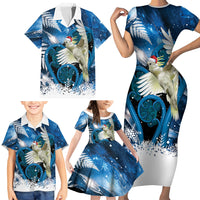 Sulphur-crested Cockatoo New Zealand Christmas In July Family Matching Short Sleeve Bodycon Dress and Hawaiian Shirt NZ Aroha Koru Fern Marble Vibes
