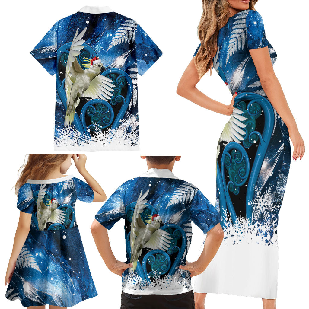 Sulphur-crested Cockatoo New Zealand Christmas In July Family Matching Short Sleeve Bodycon Dress and Hawaiian Shirt NZ Aroha Koru Fern Marble Vibes