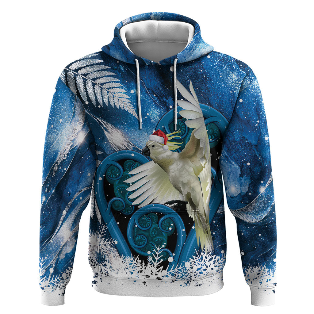 Sulphur-crested Cockatoo New Zealand Christmas In July Hoodie NZ Aroha Koru Fern Marble Vibes LT14 Pullover Hoodie Blue - Polynesian Pride