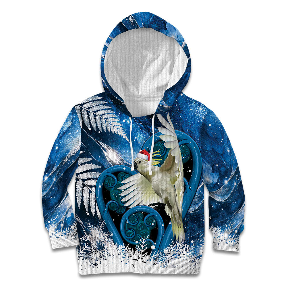 Sulphur-crested Cockatoo New Zealand Christmas In July Kid Hoodie NZ Aroha Koru Fern Marble Vibes LT14 Hoodie Blue - Polynesian Pride
