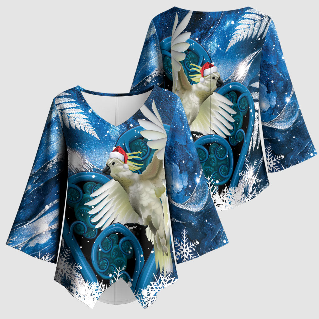 Sulphur-crested Cockatoo New Zealand Christmas In July Kimono Sleeve Blouse NZ Aroha Koru Fern Marble Vibes