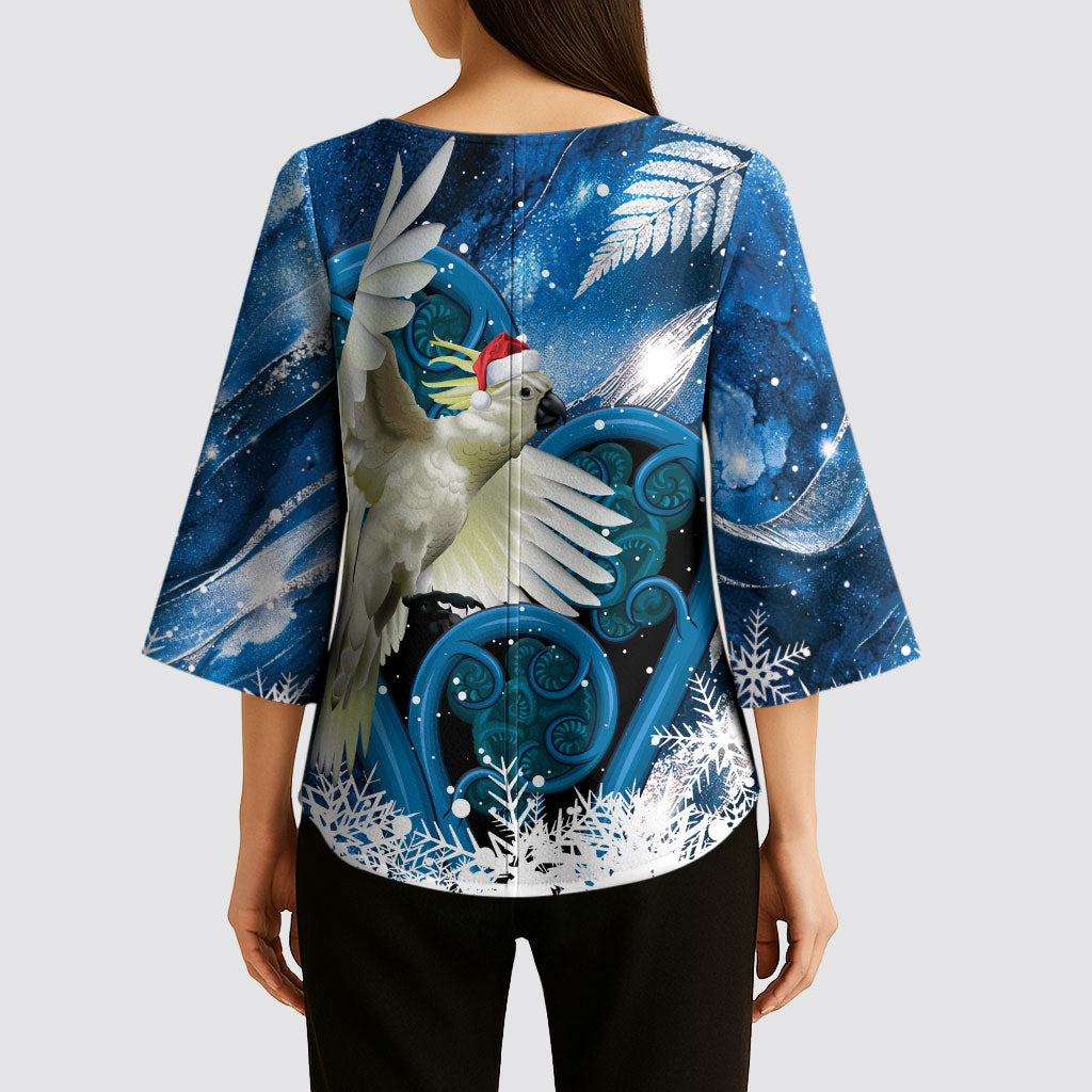 Sulphur-crested Cockatoo New Zealand Christmas In July Kimono Sleeve Blouse NZ Aroha Koru Fern Marble Vibes