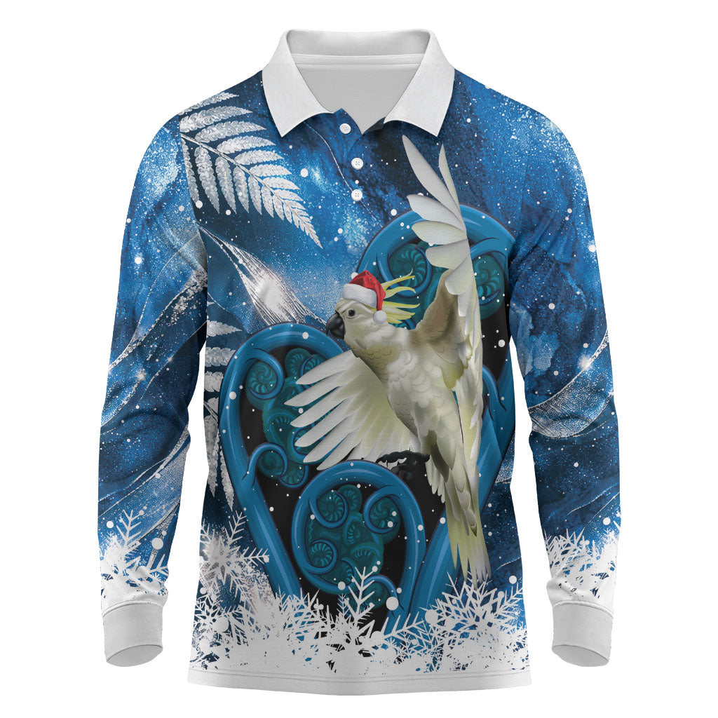Sulphur-crested Cockatoo New Zealand Christmas In July Long Sleeve Polo Shirt NZ Aroha Koru Fern Marble Vibes LT14 Blue - Polynesian Pride