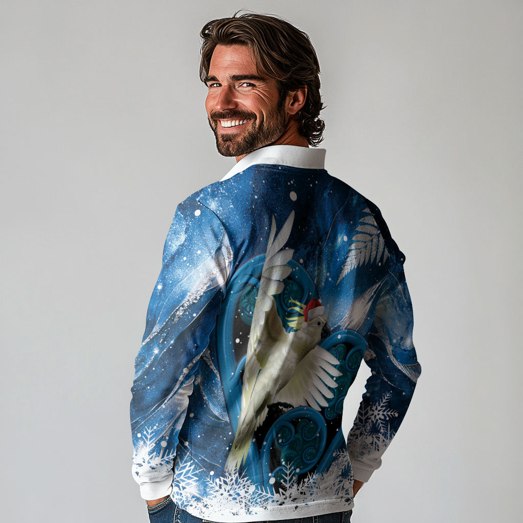 Sulphur-crested Cockatoo New Zealand Christmas In July Long Sleeve Polo Shirt NZ Aroha Koru Fern Marble Vibes