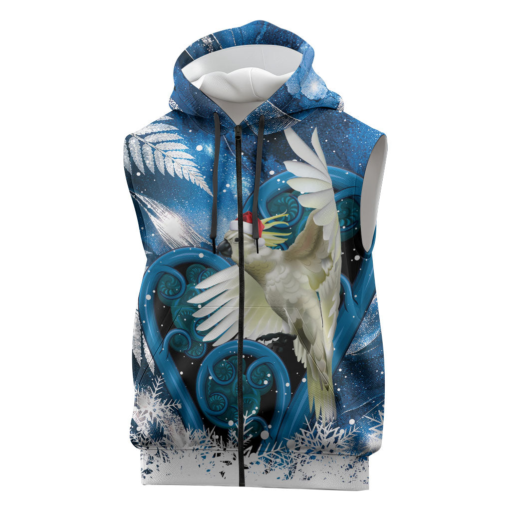 Sulphur-crested Cockatoo New Zealand Christmas In July Sleeveless Zip Hoodie NZ Aroha Koru Fern Marble Vibes LT14 Blue - Polynesian Pride