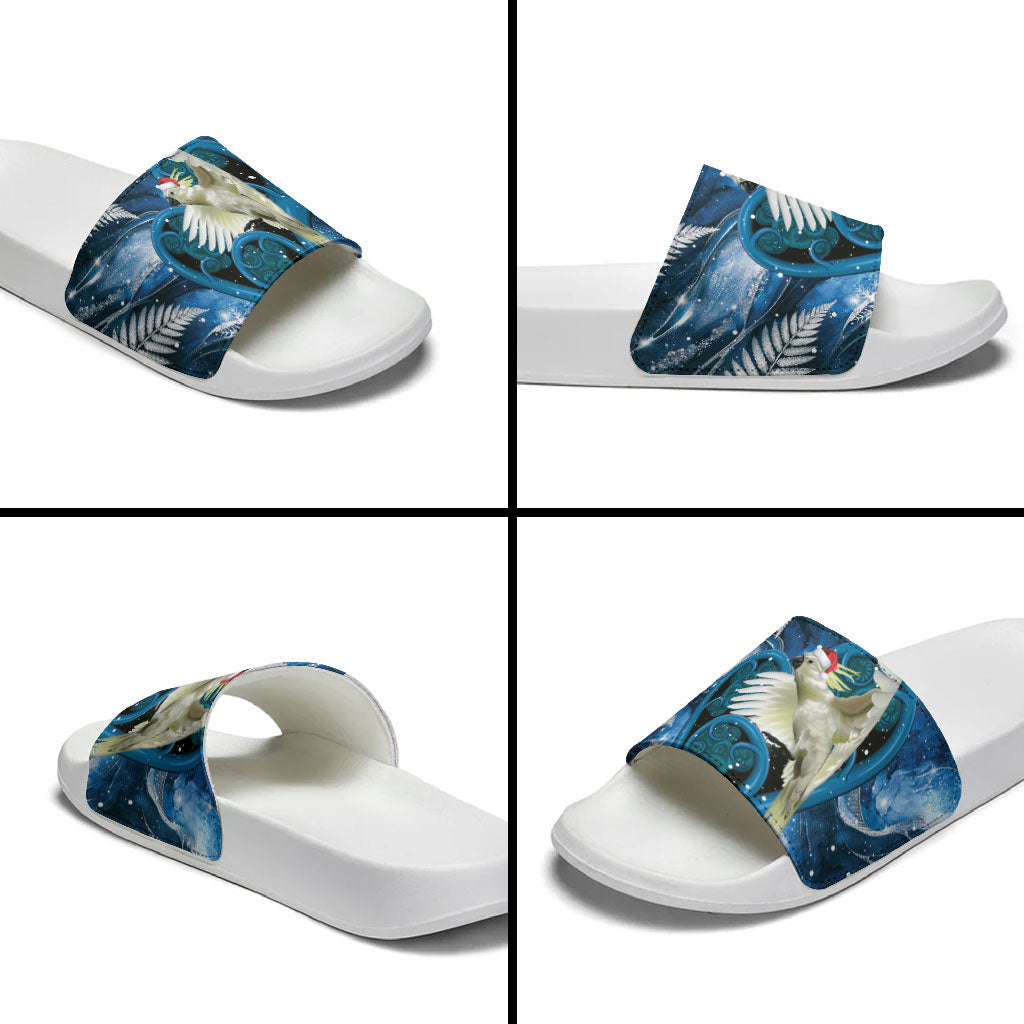 Sulphur-crested Cockatoo New Zealand Christmas In July Slide Sandals NZ Aroha Koru Fern Marble Vibes