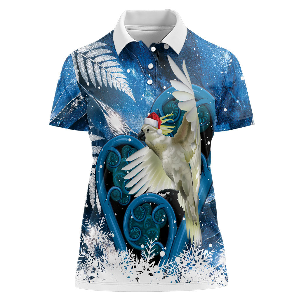 Sulphur-crested Cockatoo New Zealand Christmas In July Women Polo Shirt NZ Aroha Koru Fern Marble Vibes LT14 Female Blue - Polynesian Pride