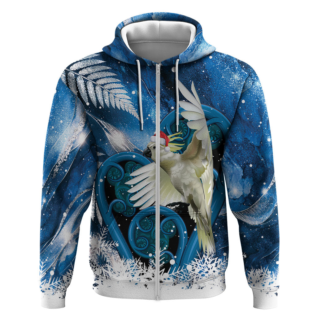 Sulphur-crested Cockatoo New Zealand Christmas In July Zip Hoodie NZ Aroha Koru Fern Marble Vibes