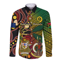 Vanuatu and Australia Long Sleeve Button Shirt Vanuatuan Polynesian Mix Aussie Aboriginal Art LT14 Unisex Black - Polynesian Pride