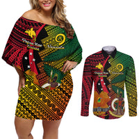 Vanuatu and Papua New Guinea Couples Matching Off Shoulder Short Dress and Long Sleeve Button Shirts Vanuatuan With PNG Polynesian Pattern LT14 Black - Polynesian Pride